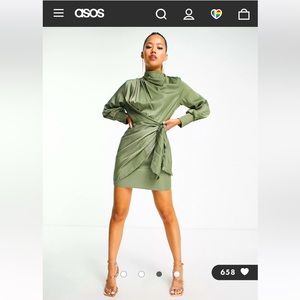 ASOS DESIGN petite pleat cowl neck satin mini dress in khaki. Size 4 NWT